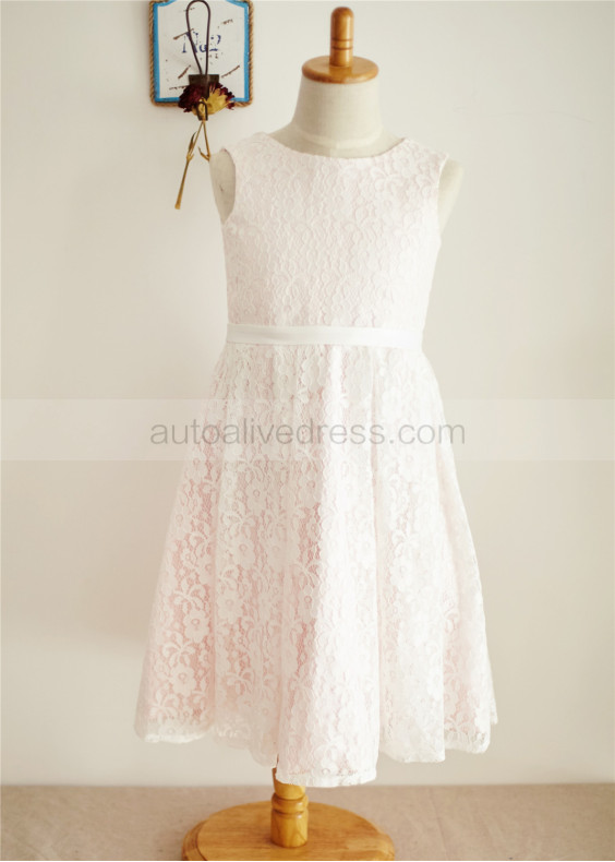 Ivory Lace Pink Lining Boho Flower Girl Dress